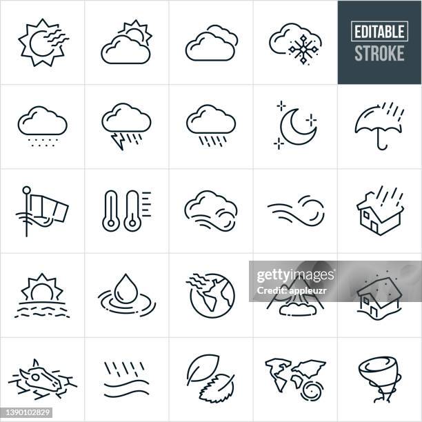 illustrazioni stock, clip art, cartoni animati e icone di tendenza di icone della linea sottile meteo - tratto modificabile - sun icon