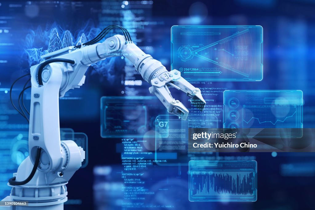 Robot arm and futuristic graphical user interface screen