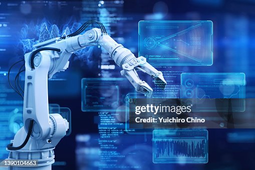 Robot Arm And Futuristic Graphical User Interface Screen High-Res Stock ...
