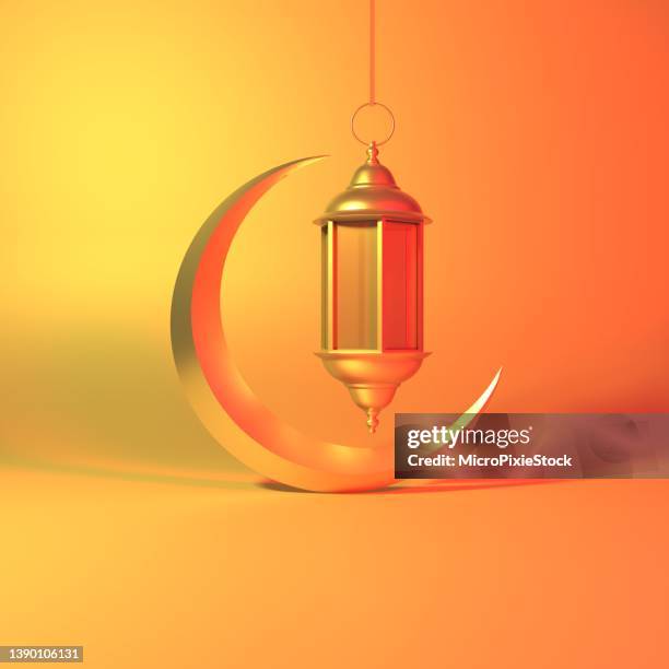 arabische geometrische sterne laterne und halbmond auf neon-hintergrund - eid stock-fotos und bilder