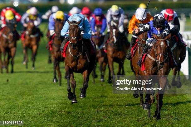 Patrick Mullins riding Ashroe Diamond win The Goffs UK Nickel Coin Mares' Standard Open NH Flat Race at Aintree Racecourse on April 07, 2022 in...