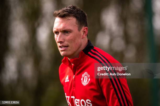 Phil Jones of Manchester United in action during a first team training session at Carrington Training Ground on April 07, 2022 in Manchester, England.