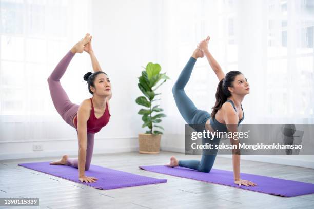 two beautiful women practice yoga stretching natrajasana muscles. - shiva stock-fotos und bilder