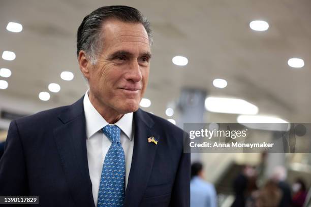 Sen. Mitt Romney walks through the Senate Subway of the U.S. Capitol during a series of votes on April 07, 2022 in Washington, DC. The Senate is...