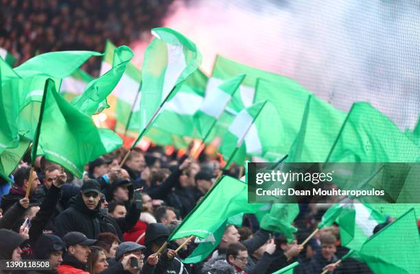 Fans are pictured ahead of the UEFA Conference League Quarter Final Leg One match between Feyenoord and Slavia Praha at the Stadium Feijenoord on...