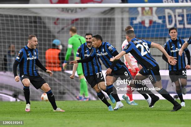 Luis Muriel of Atalanta B.C. Celebrates after scoring their sides first goal during the UEFA Europa League Quarter Final Leg One match between RB...