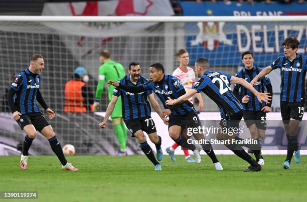 Luis Muriel of Atalanta B.C. Celebrates after scoring their sides first goal during the UEFA Europa League Quarter Final Leg One match between RB...