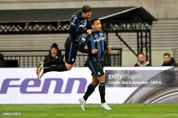 Luis Muriel of Atalanta B.C. Celebrates with team mate Hans Hateboer after scoring their sides first goal during the UEFA Europa League Quarter Final...