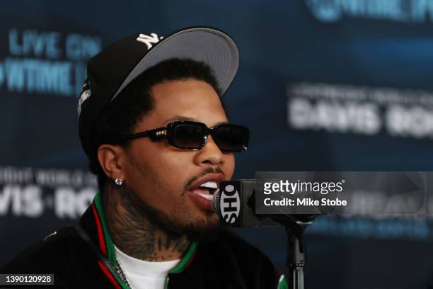 Gervonta Davis answers questions during a press conference at Barclays Center on April 07, 2022 in Brooklyn, New York.