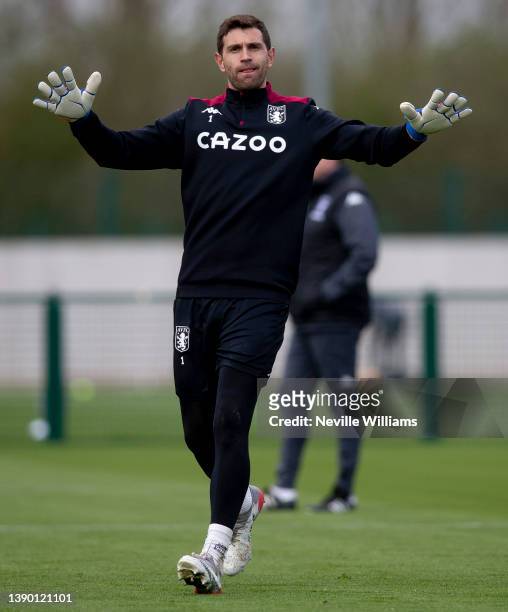 Emi Martinez of Aston Villa in action during a training session at Bodymoor Heath training ground on April 07, 2022 in Birmingham, England.