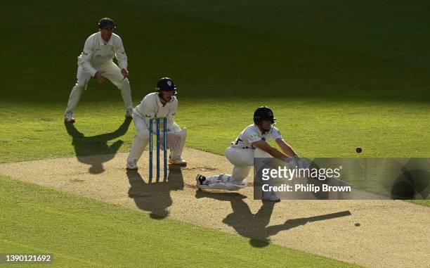 Max Holden of Middlesex plays a shot and is caught during the LV= Insurance County Championship match between Middlesex and Derbyshire at Lord's...