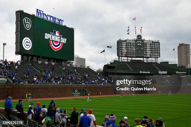 General view of Wrigley Field before the game between the Chicago Cubs and the Milwaukee Brewers on Opening Day at Wrigley Field on April 07, 2022 in...