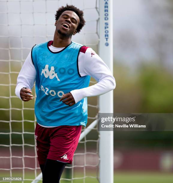 Carney Chukwuemeka of Aston Villa in action during a training session at Bodymoor Heath training ground on April 07, 2022 in Birmingham, England.