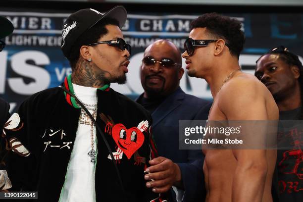 Gervonta Davis faces-off against Rolando Romero during a press conference at Barclays Center on April 07, 2022 in Brooklyn, New York.