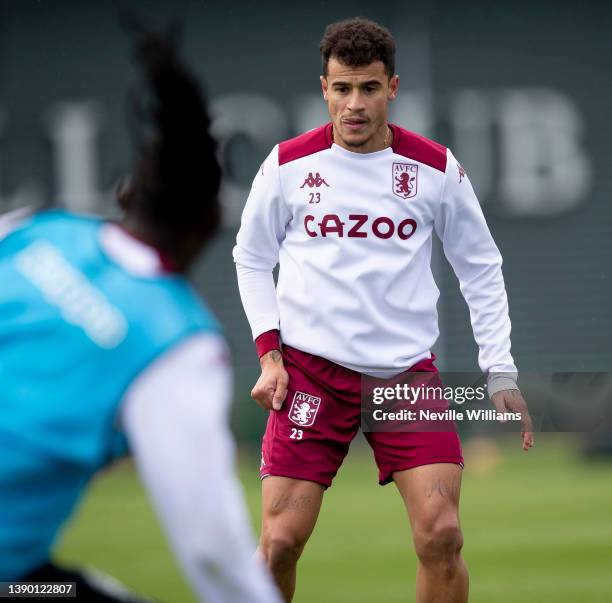 Philippe Coutinho of Aston Villa in action during a training session at Bodymoor Heath training ground on April 07, 2022 in Birmingham, England.