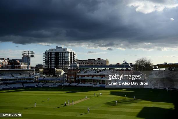 General view of play during Day One of the LV= Insurance County Championship match between Middlesex and Derbyshire at Lord's Cricket Ground on April...