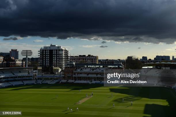 General view of play during Day One of the LV= Insurance County Championship match between Middlesex and Derbyshire at Lord's Cricket Ground on April...