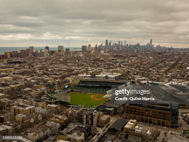 In an aerial view, Wrigley Field is seen prior to a game between the Chicago Cubs and the Milwaukee Brewers on Opening Day at Wrigley Field on April...