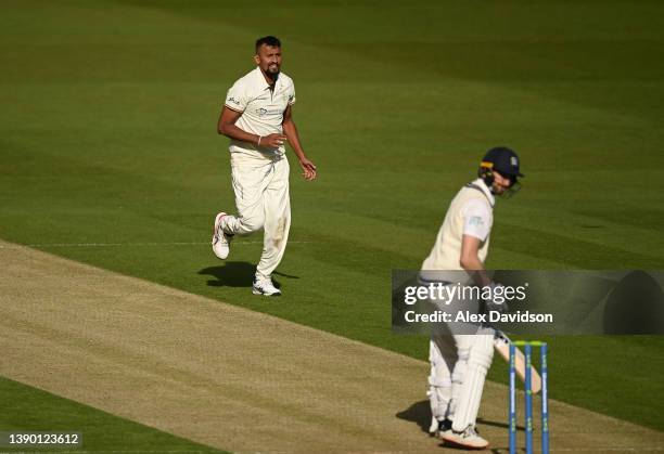 Suranga Lakmal of Derbyshire reacts after taking the wicket of Stevie Eskinazi of Middlesex during Day One of the LV= Insurance County Championship...