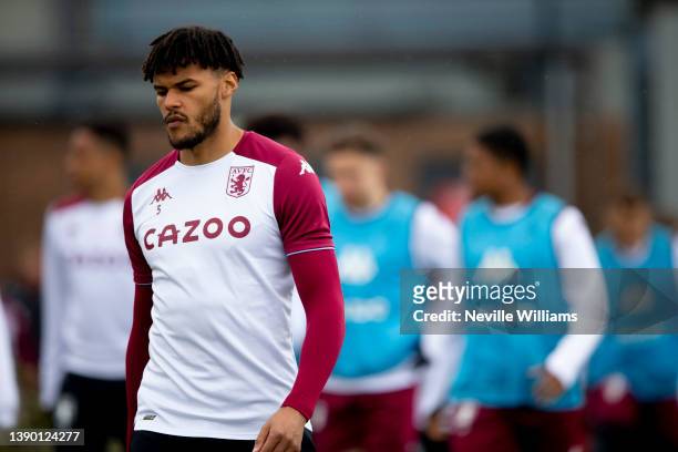 Tyrone Mings of Aston Villa in action during a training session at Bodymoor Heath training ground on April 07, 2022 in Birmingham, England.
