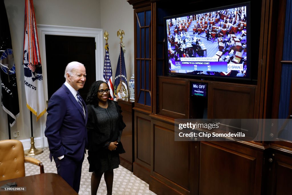 President Biden And Ketanji Brown Jackson Watch As Senate Votes On Supreme Court Nomination