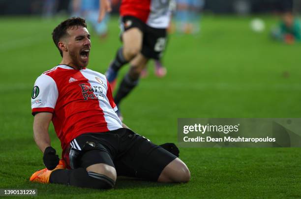 Orkun Kokcu of Feyenoord celebrates scoring the third goal during the UEFA Conference League Quarter Final Leg One match between Feyenoord and Slavia...