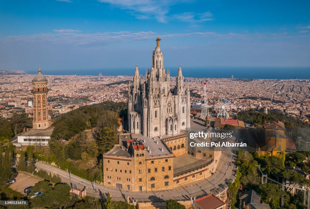 View of the Expiatory Church of the Sacred Heart of Jesus (Templo Expiatorio del Sagrado Corazón) on Mount Tibidabo near Barcelona during a sunny day