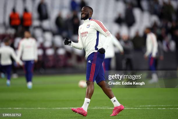 Tanguy NDombele of Olympique Lyonnais warms up prior to the UEFA Europa League Quarter Final Leg One match between West Ham United and Olympique Lyon...