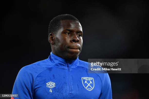 Kurt Zouma of West Ham United looks on prior to the UEFA Europa League Quarter Final Leg One match between West Ham United and Olympique Lyon at...