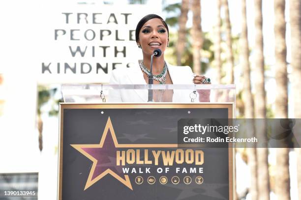 Ashanti speaks onstage during the Hollywood Walk of Fame Star Ceremony for Ashanti on April 07, 2022 in Hollywood, California.