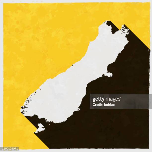 south island map with long shadow on textured yellow background - christchurch new zealand stock illustrations