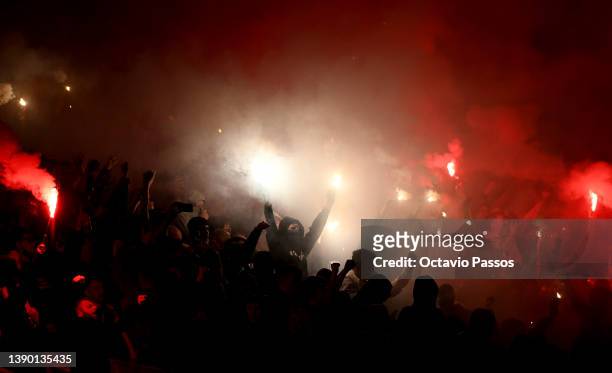 Rangers fans ignite flares ahead of the UEFA Europa League Quarter Final Leg One match between Sporting Braga and Rangers FC at Estadio Municipal de...