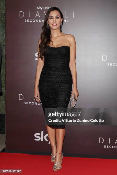 Caterina Balivo attends the "Diavoli" Tv Series Second Season Premiere at The Space Odeon on April 07, 2022 in Milan, Italy.