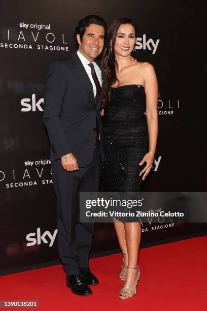 Guido Maria Brera and Caterina Balivo attends the "Diavoli" Tv Series Second Season Premiere at The Space Odeon on April 07, 2022 in Milan, Italy.