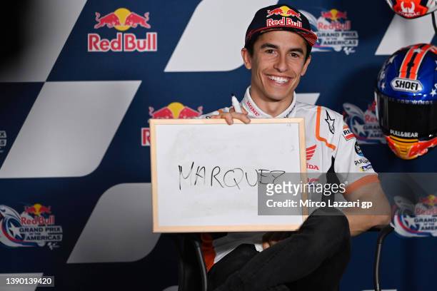 Marc Marquez of Spain and Repsol Honda Team smiles during the press conference pre-event during the MotoGP Of The Americas - Previews on April 07,...
