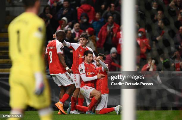 Abel Ruiz of Sporting Braga is congratulated after scoring the opening goal during the UEFA Europa League Quarter Final Leg One match between...