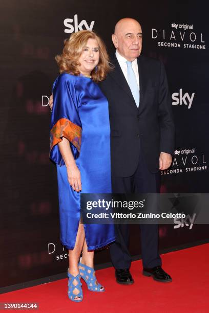 Matilde Bernabei and Adriano Galliani attend the "Diavoli" Tv Series Second Season Premiere at The Space Odeon on April 07, 2022 in Milan, Italy.