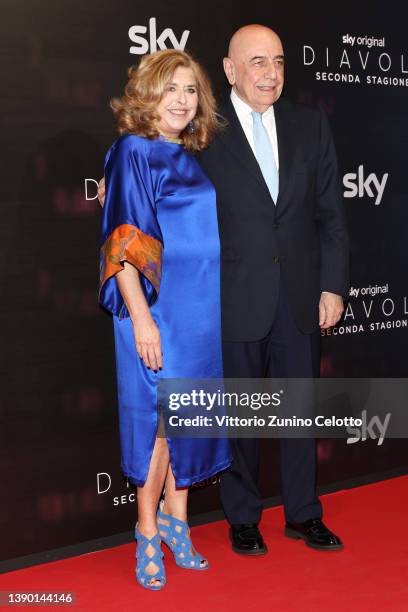 Matilde Bernabei and Adriano Galliani attend the "Diavoli" Tv Series Second Season Premiere at The Space Odeon on April 07, 2022 in Milan, Italy.