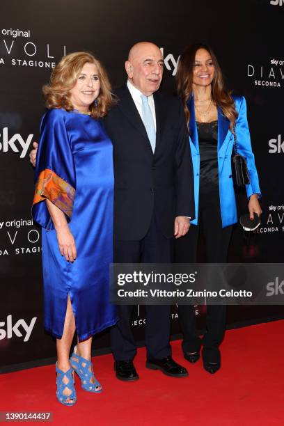 Matilde Bernabei, Adriano Galliani and Helga Costa attend the "Diavoli" Tv Series Second Season Premiere at The Space Odeon on April 07, 2022 in...