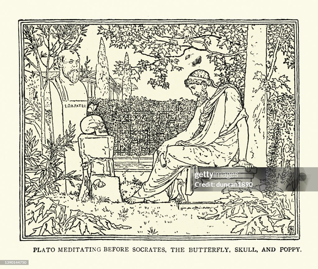 Platão meditando diante de Sócrates, a borboleta, crânio e papoula, filósofo grego antigo