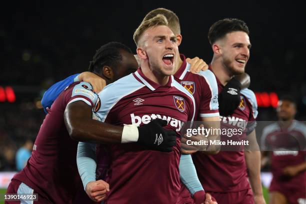 Jarrod Bowen of West Ham United celebrates after scoring their sides first goal during the UEFA Europa League Quarter Final Leg One match between...