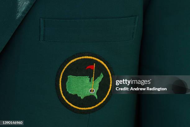 Detail view of the Augusta National Golf Club logo on a green jacket during the first round of the Masters at Augusta National Golf Club on April 07,...