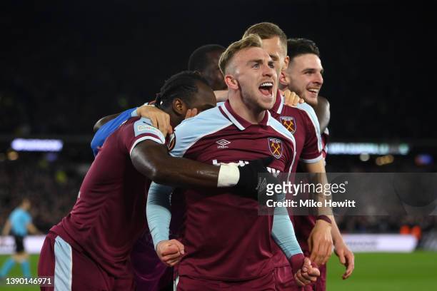 Jarrod Bowen of West Ham United celebrates after scoring their sides first goal during the UEFA Europa League Quarter Final Leg One match between...