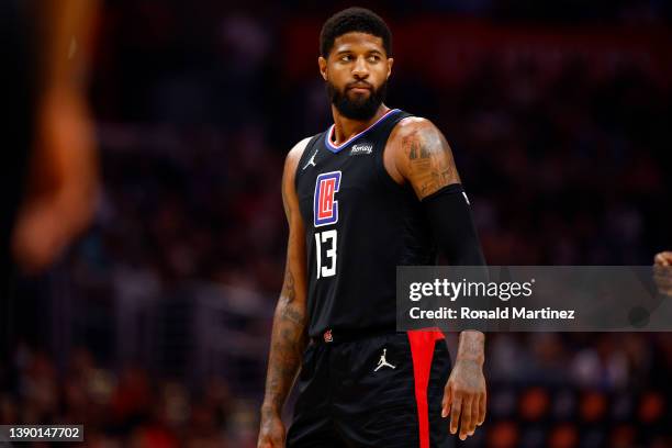 Paul George of the LA Clippers in the first quarter at Crypto.com Arena on April 06, 2022 in Los Angeles, California. NOTE TO USER: User expressly...