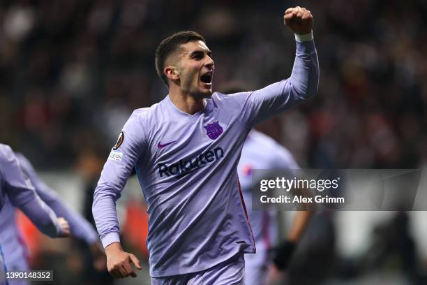 Ferran Torres of FC Barcelona celebrates after scoring their sides first goal during the UEFA Europa League Quarter Final Leg One match between...