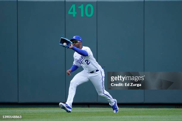 Michael A. Taylor of the Kansas City Royals catches a ball hit by Jose Ramirez of the Cleveland Guardians in the first inning on Opening Day at...