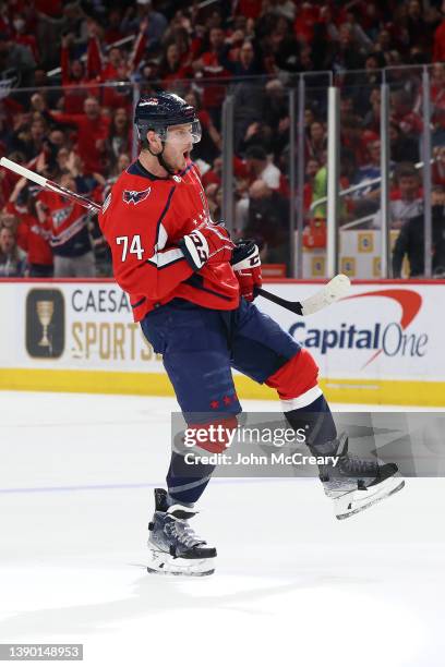 John Carlson of the Washington Capitals celebrates a goal against the Tampa Bay Lightning at Capital One Arena on April 6, 2022 in Washington, D.C.