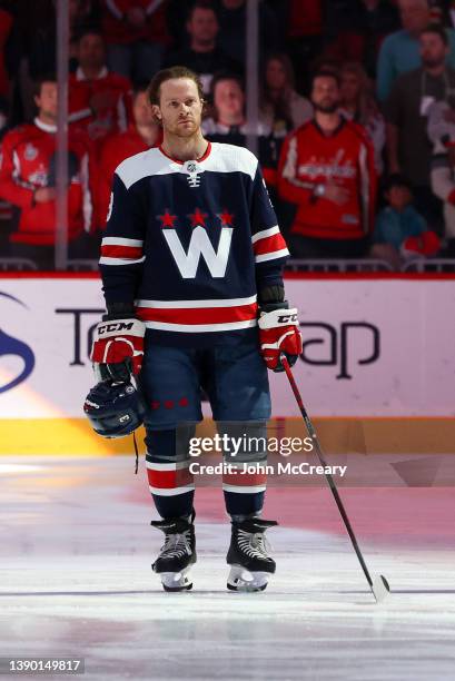 Nick Jensen stands for the national anthem during a game against the Minnesota Wild at Capital One Arena on April 3, 2022 in Washington, D.C.