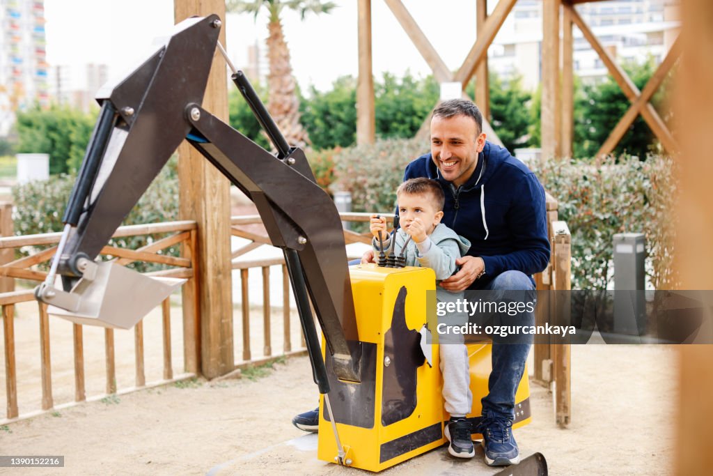 Children's Playground at the public park with training in operating the excavato