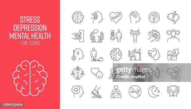 set of stress, depression, mental health related line icons. outline symbol collection - overworked stock illustrations